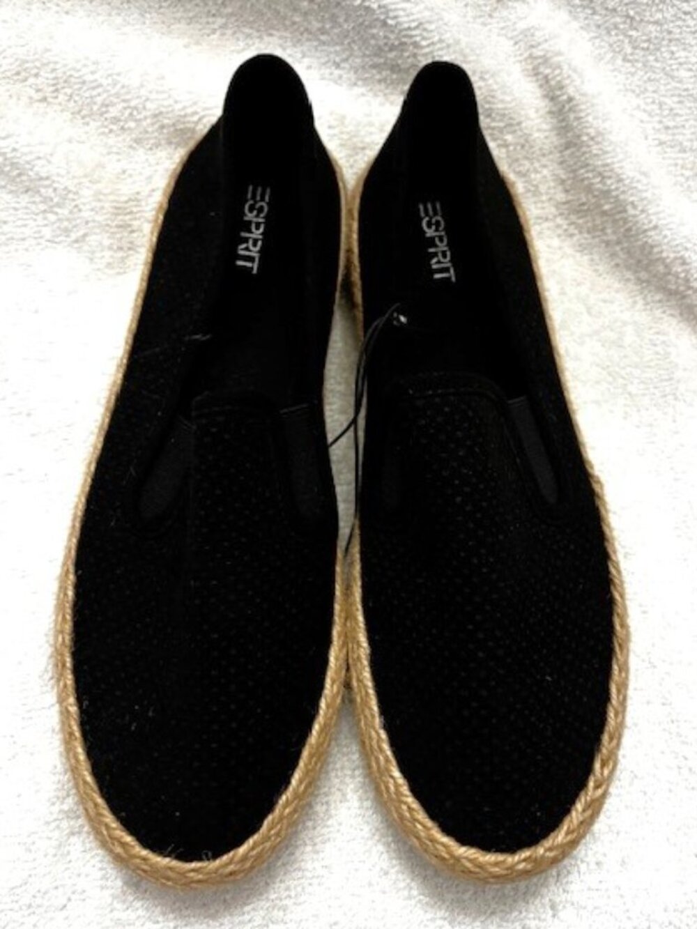 Espirit Nadine black slipon espadrilles, woven trim, rubber sole NWOT Size 7-1/2
